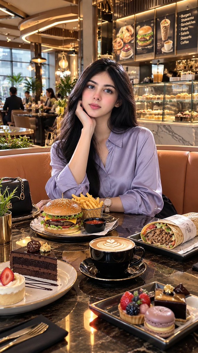Create an ultra-realistic, cinematic photo of a stylish young woman sitting ele…