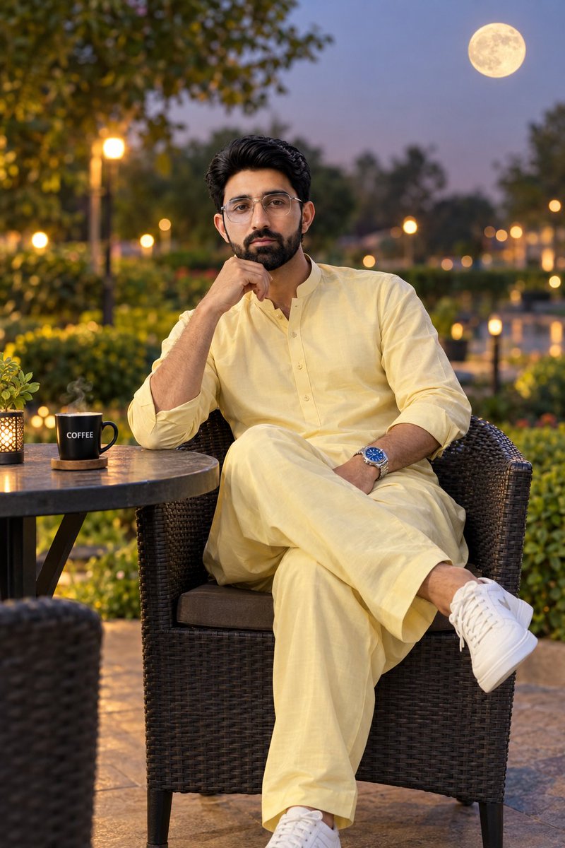 A high-resolution, realistic portrait of a stylish young South Asian man sittin…