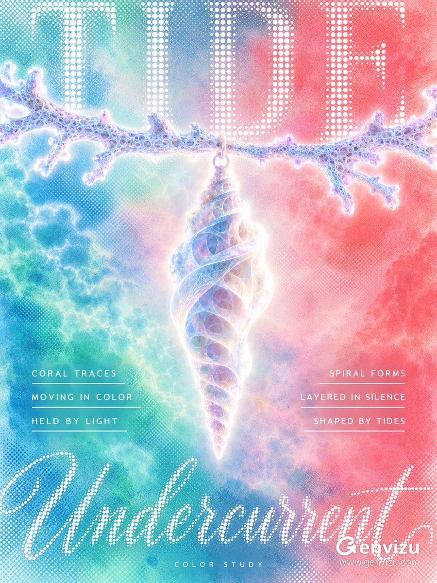 创作3:4竖版梦幻实验平面海报。背景为喷枪与湿染形成的连续色域:左下明亮青蓝和薄荷绿,中央柔粉,右侧珊瑚红,带细密半色调和均匀纸张颗粒。顶部四…, 图片 1