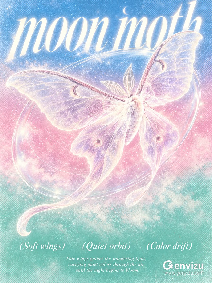创作3:4竖版梦幻实验海报,天空蓝上部、玫瑰粉中部、薄荷绿底部,以喷枪柔染自然融接,表面覆盖细密半色调与细颗粒。顶部巨大的白色高对比斜体衬线标题“moon m…