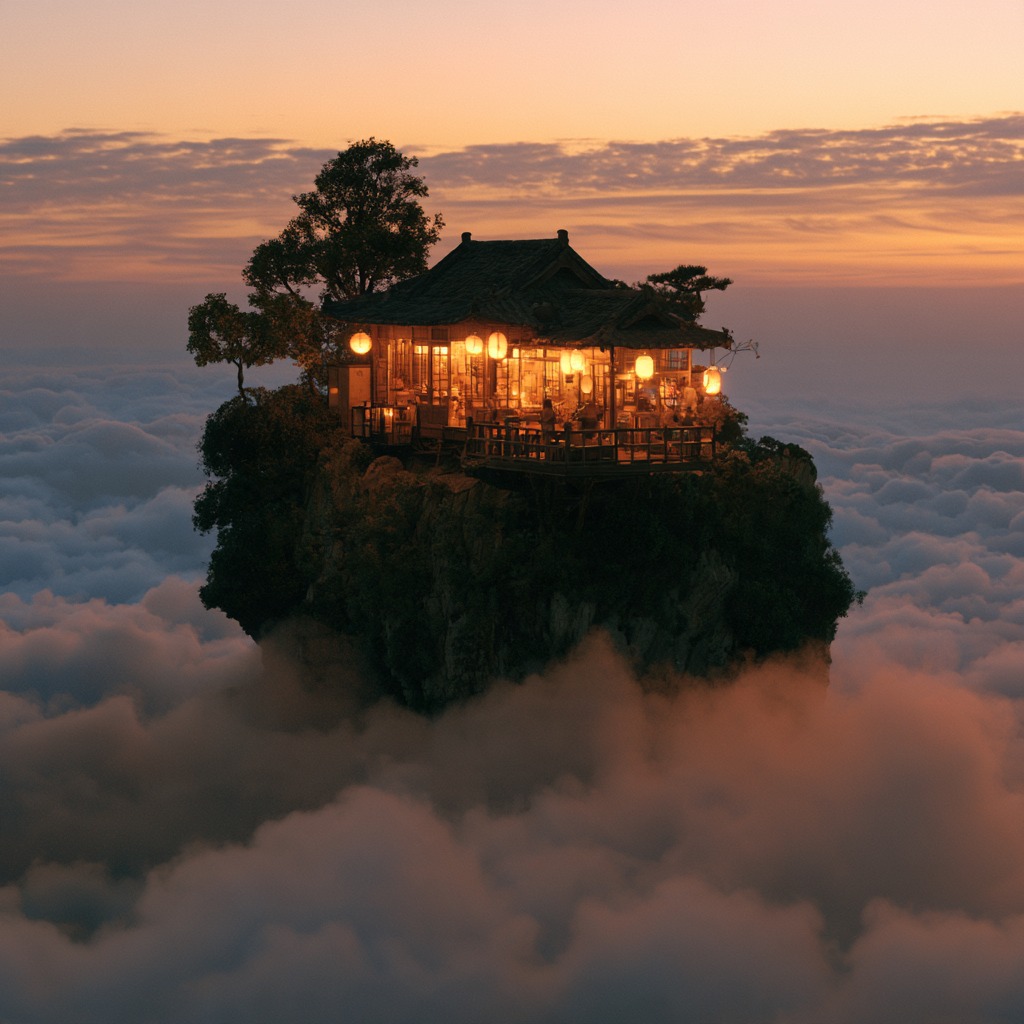 a tiny glowing tea house on a floating island above a sea of clouds at dawn, wa…
