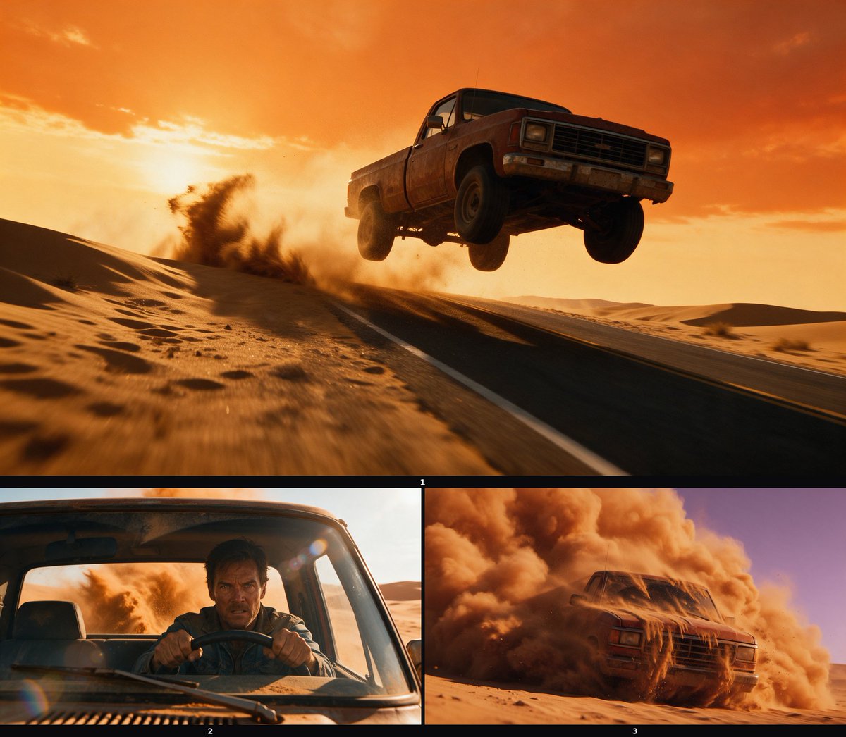 rusty pickup over a dune, driver faces a sand wall, truck punches through into …