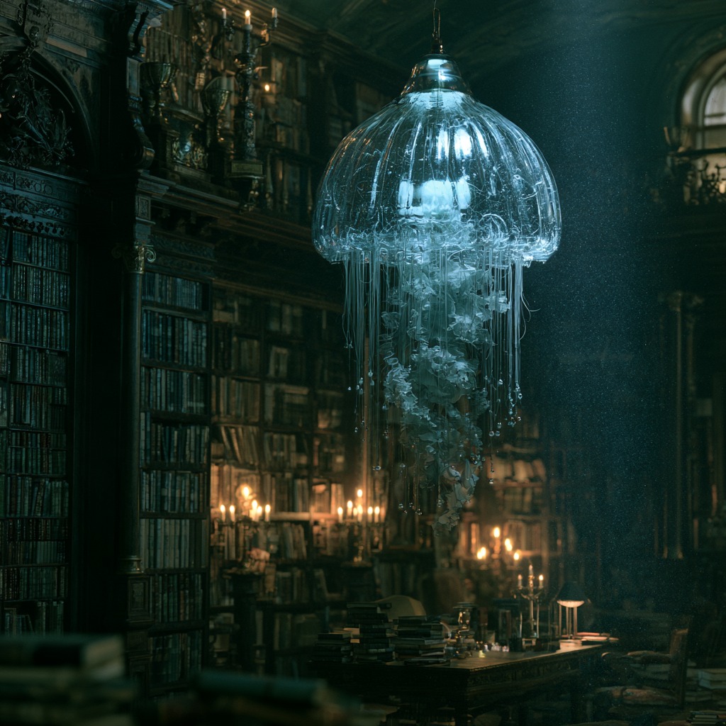 a glass jellyfish lamp floating in a dark old library, soft blue glow lighting …