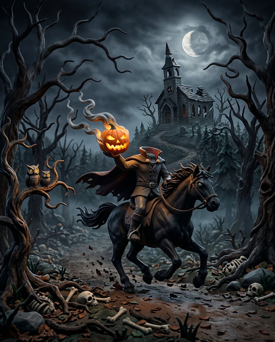 A claymation style scene of a headless horseman riding a black horse through a …