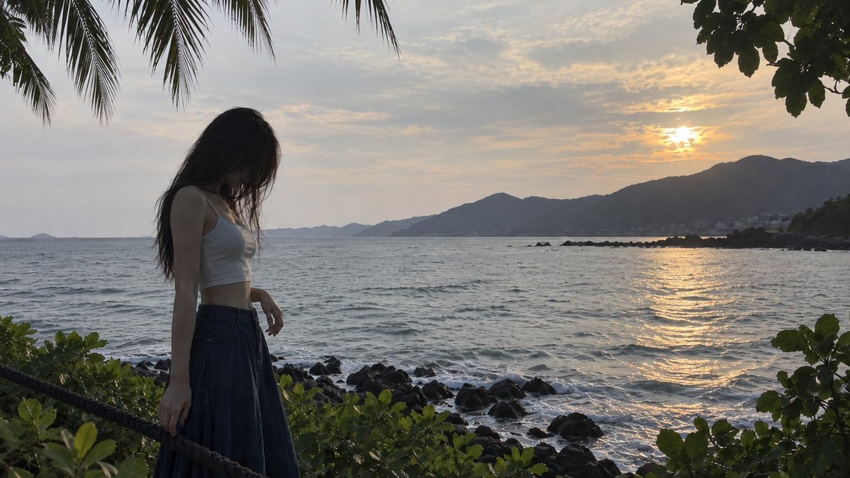 16:9 横屏,真实手机随手拍摄影,一位明确成年的年轻东亚女性站在海边观景步道旁,人物位于画面左侧约黄金分割位置,占画面高度约 65%,身体轻微侧向右侧,低头…