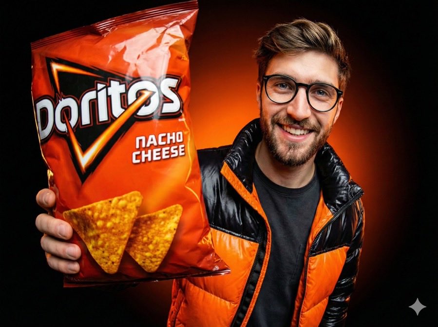 工作室肖像摄影,一个人微笑着将一袋奇宝(Cheetos)香脆橙色薯片袋靠近镜头,薯片袋和人物头部都位于前景。使用超广角鱼眼镜头拍摄,营造出俏皮…, 图片 2