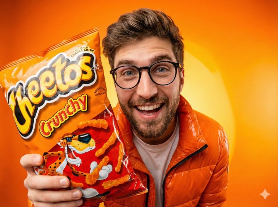 工作室肖像摄影,一个人微笑着将一袋奇宝(Cheetos)香脆橙色薯片袋靠近镜头,薯片袋和人物头部都位于前景。使用超广角鱼眼镜头拍摄,营造出俏皮…, 图片 4