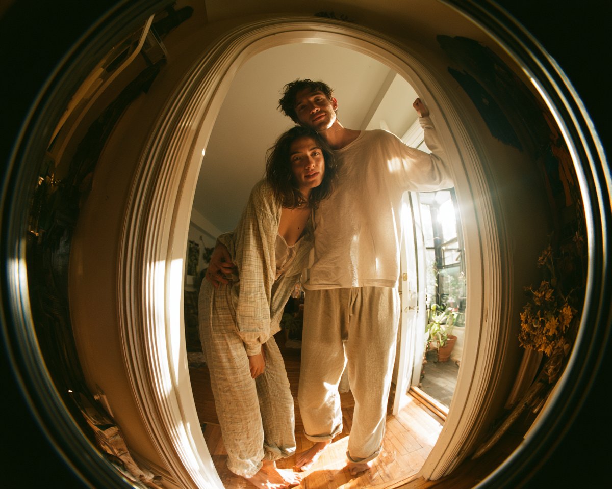 Circular fisheye lens photograph of a young couple standing together in an apar…