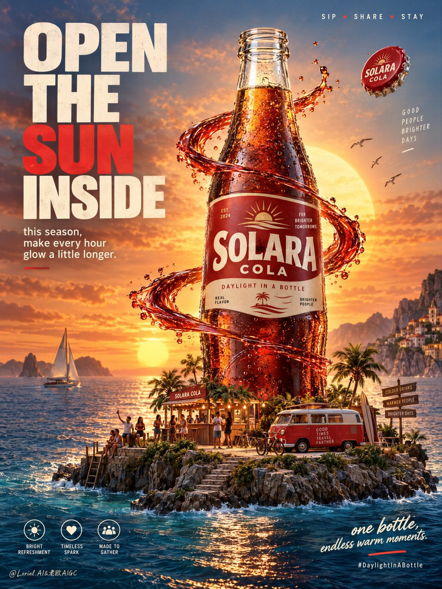 The island works because it is not the scene—it is a scale device for the bottl…