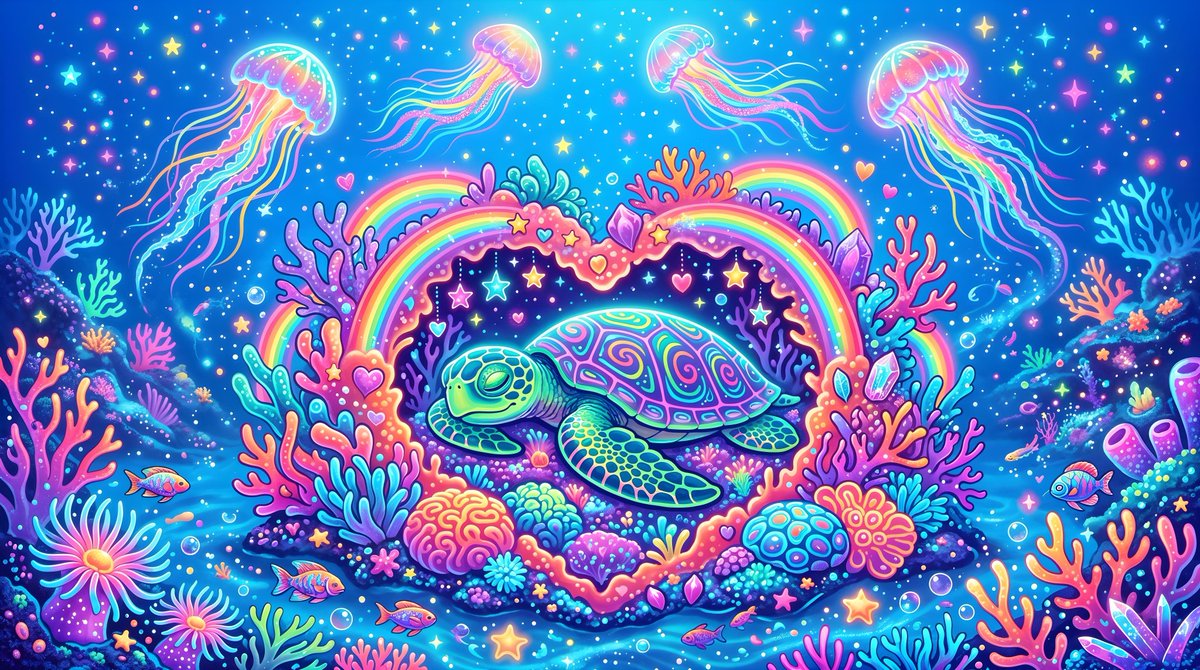A vibrant, psychedelic underwater scene features a sleeping sea turtle nestled …