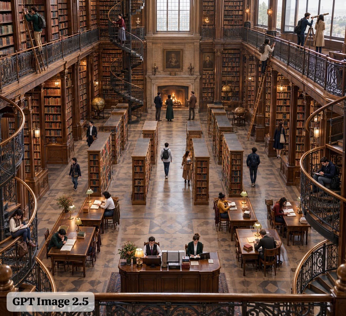 A massive Victorian library viewed from a high balcony. Exactly 24 people occup…