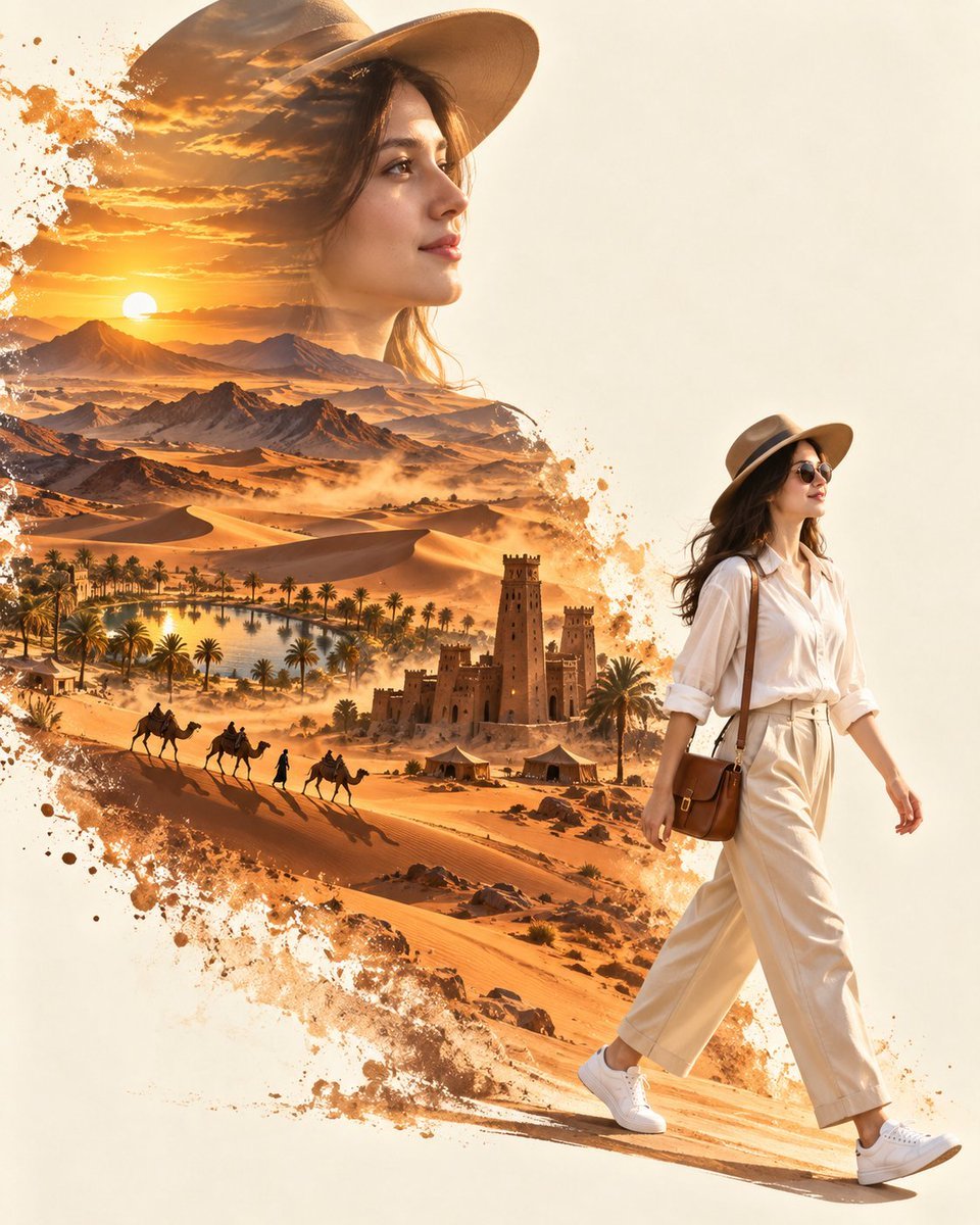 Create a premium cinematic travel poster in a sophisticated double-exposure / s…