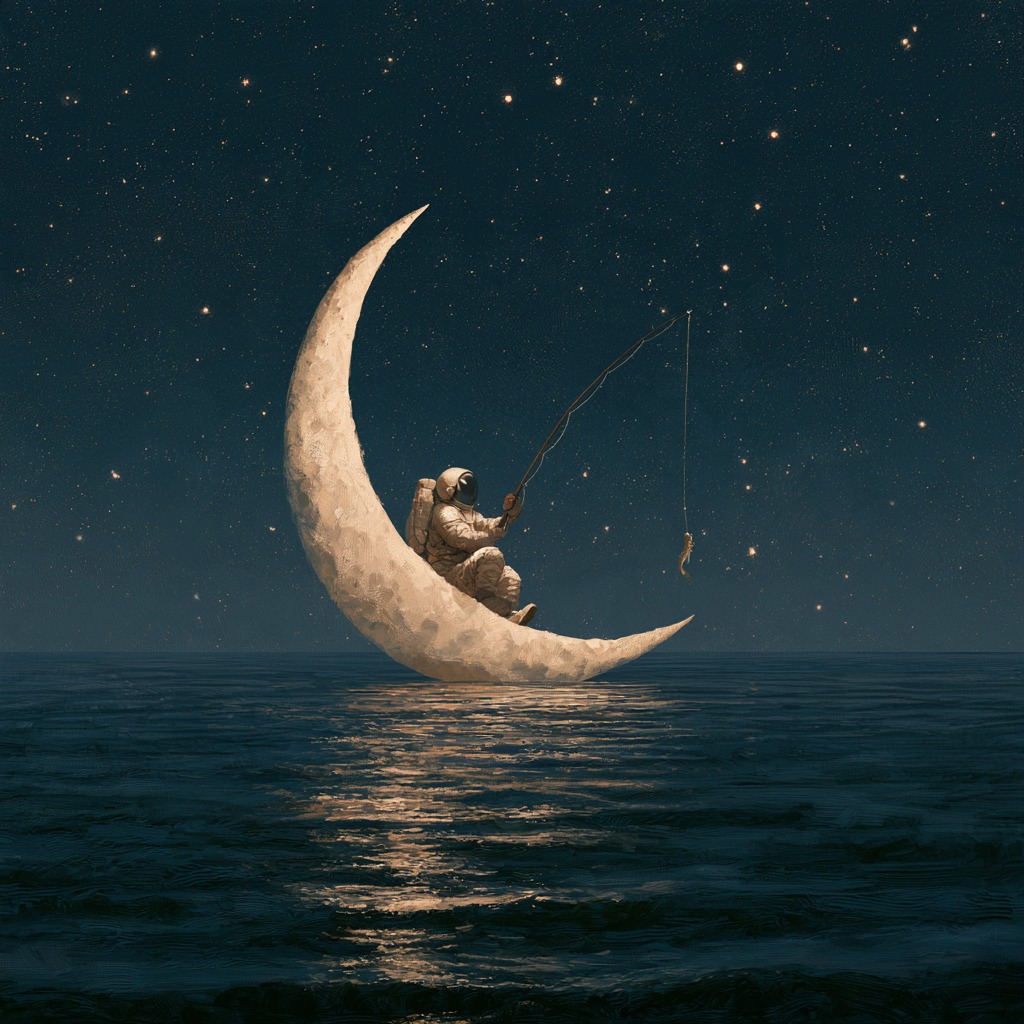 an astronaut fishing from a crescent moon over a calm ocean at night, stars ref…