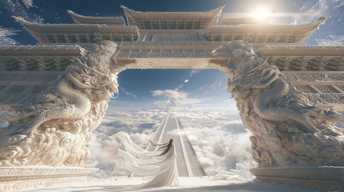 A colossal Eastern paifang gateway carved from flawless white stone, perfect bi…