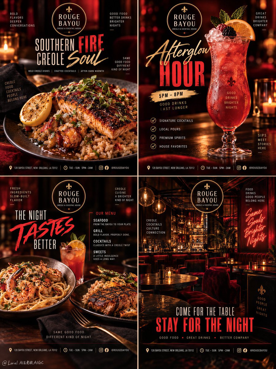 A four-panel hospitality campaign feels unified when the brand repeats at the e…