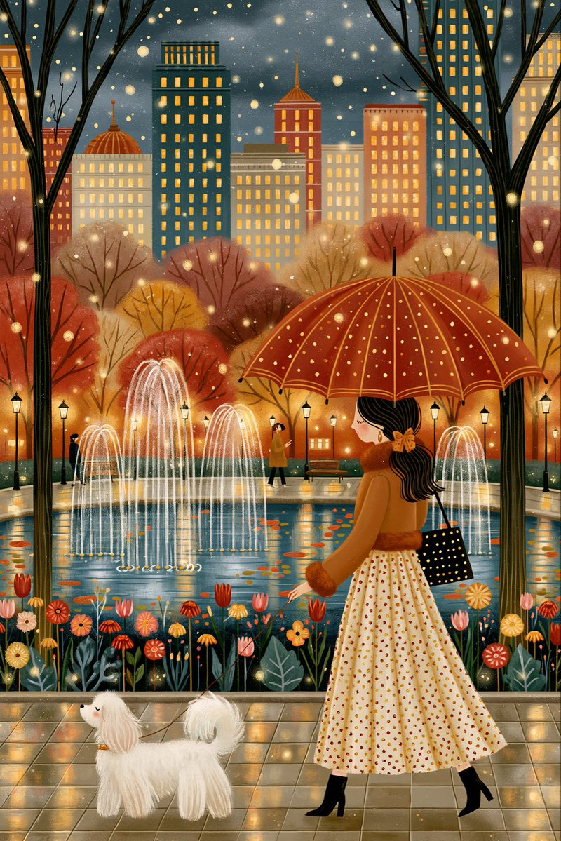 Picture book Illustration- evening, modern cyber park, fountains, wholesome cut…
