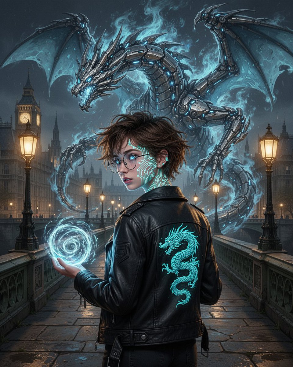 Cinematic cyberpunk portrait: a young woman with short tousled brown hair, roun…