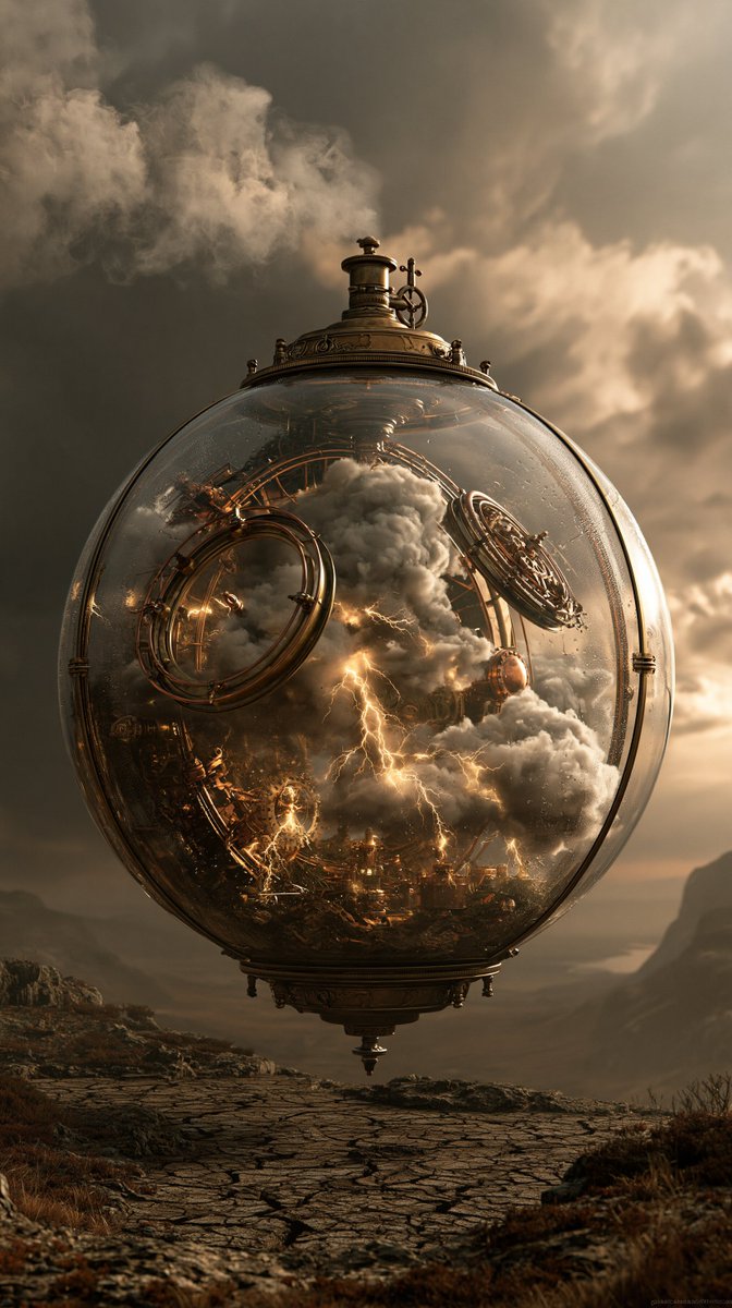 Prompt share: A steampunk storm captured inside a gigantic transparent glass sp…