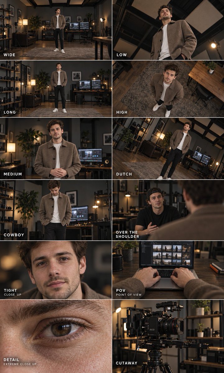 Create a photorealistic cinematography reference poster containing exactly 12 p…