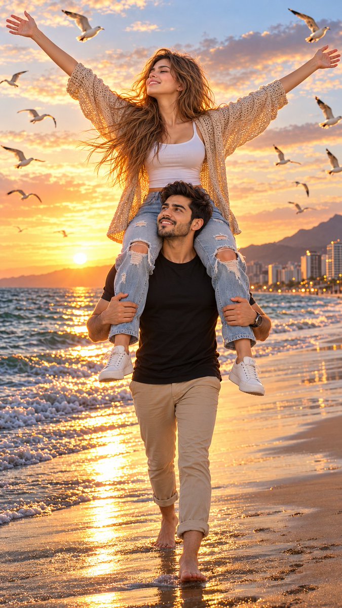 Hyper-realistic IMAX-level Netflix-style cinematic golden-hour beach couple por…