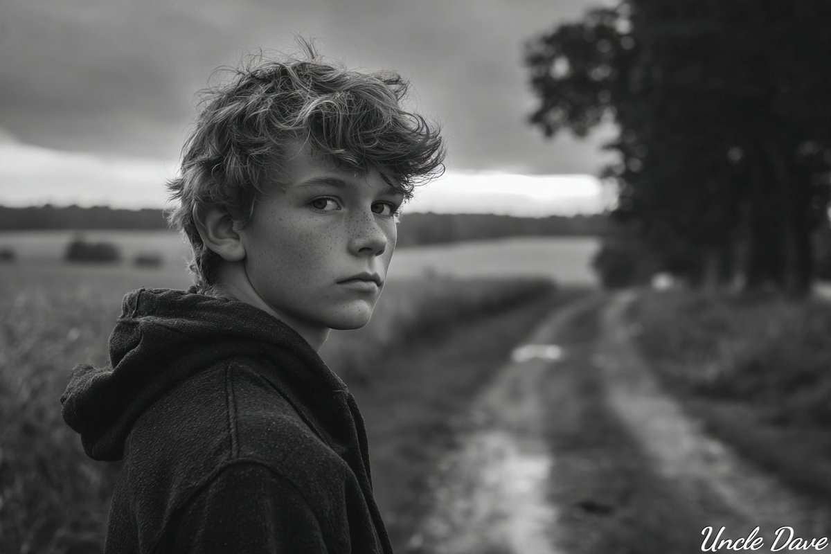 minimalist monochromatic 13 year old boy standing on a country lane --ar 3:2 --…