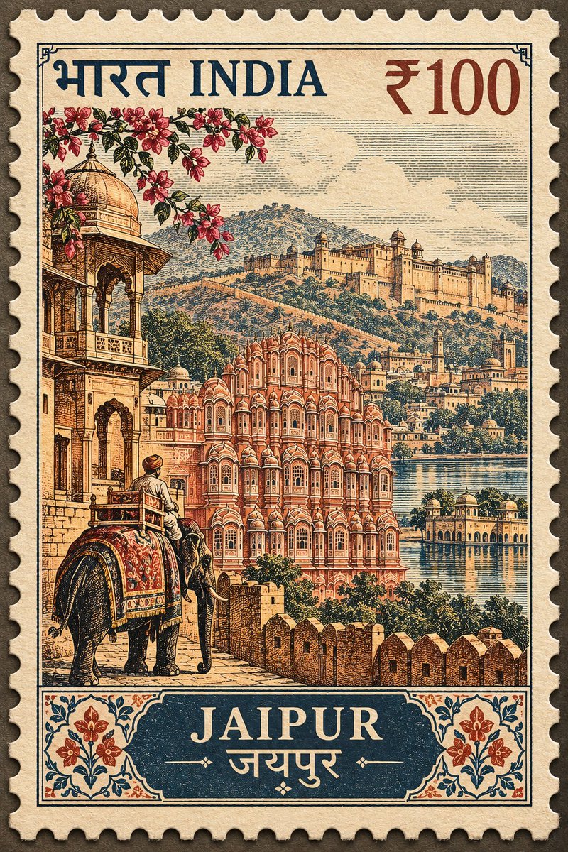 Create a premium vintage Indian postage-stamp travel poster for [COUNTRY / CITY…