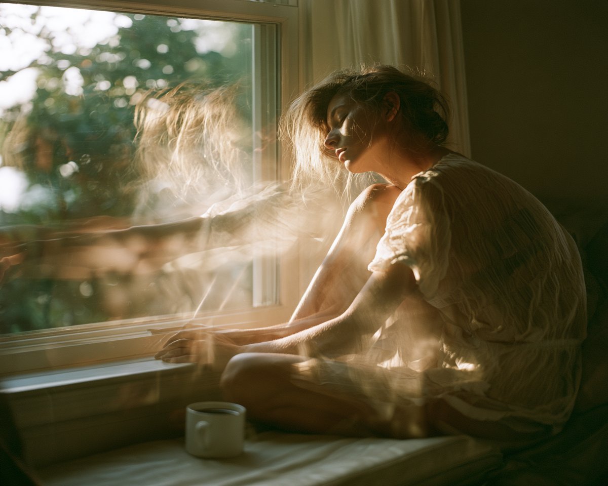 In-camera double-exposure photograph of a beautiful young adult woman curled on…