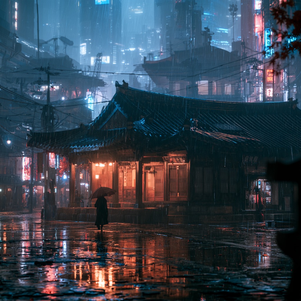 an old Korean hanok standing in the middle of a neon cyberpunk city at night, r…