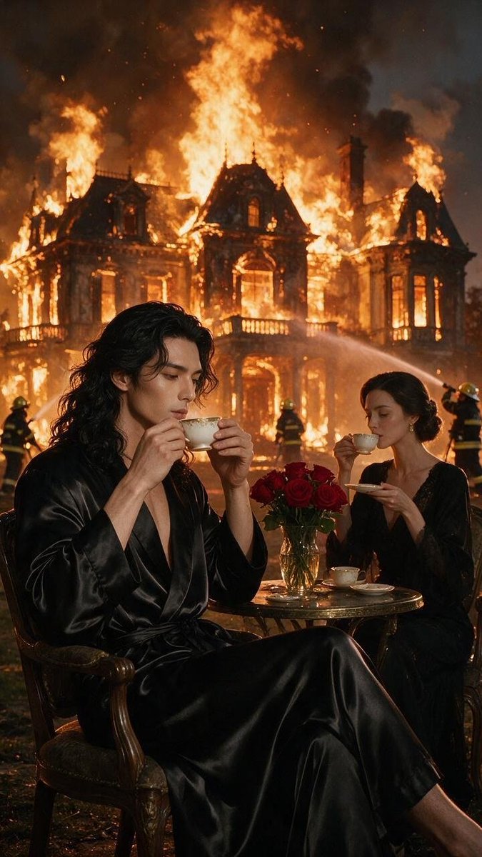Create a hyper-realistic cinematic 9:16 scene of an elegant couple calmly drink…