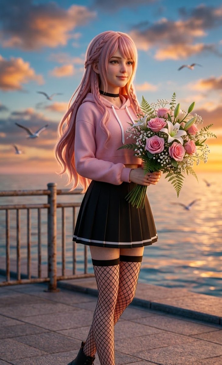 A beautiful adult anime-inspired girl with long pastel pink hair standing besid…