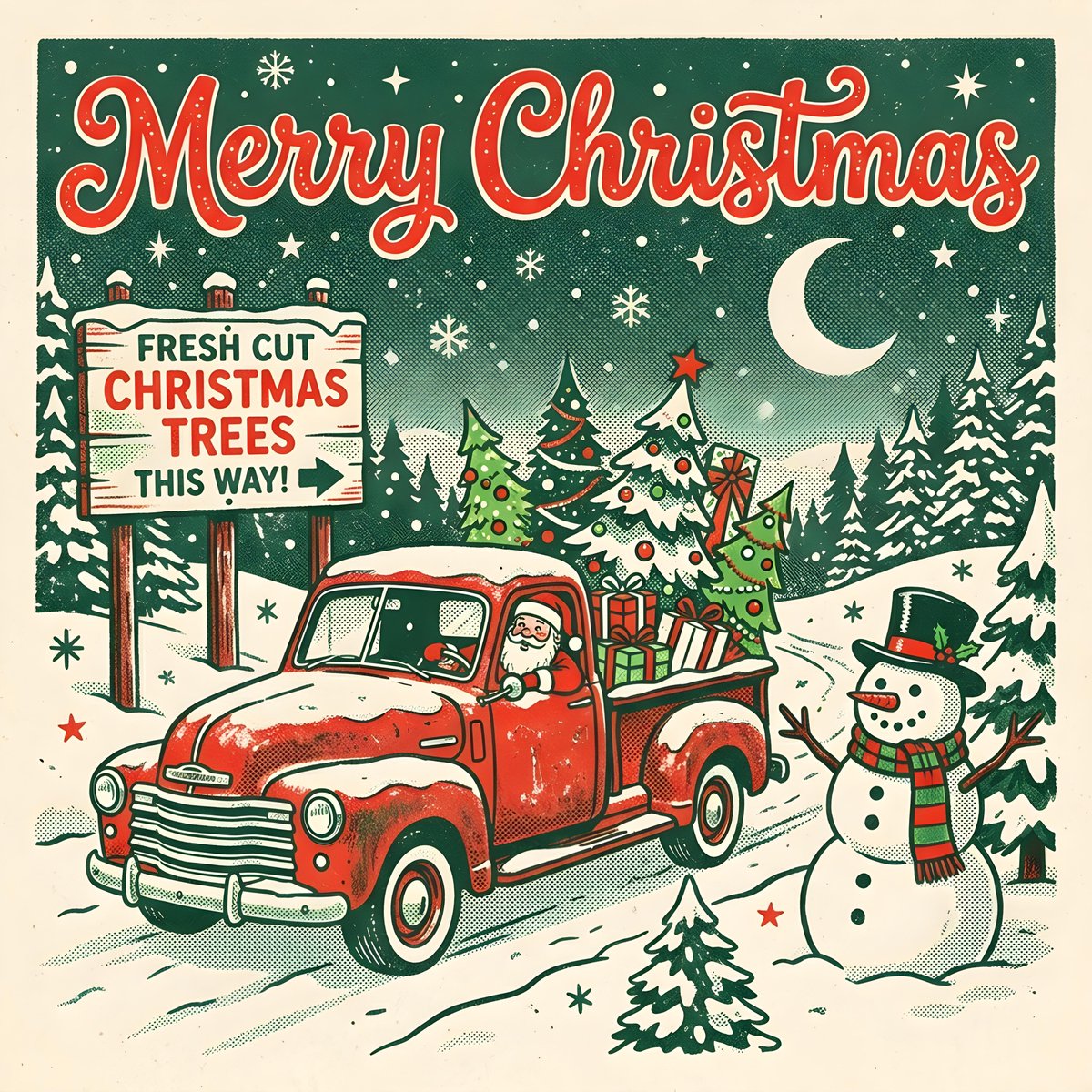 A vintage-style risograph illustration features a red pickup truck filled with …