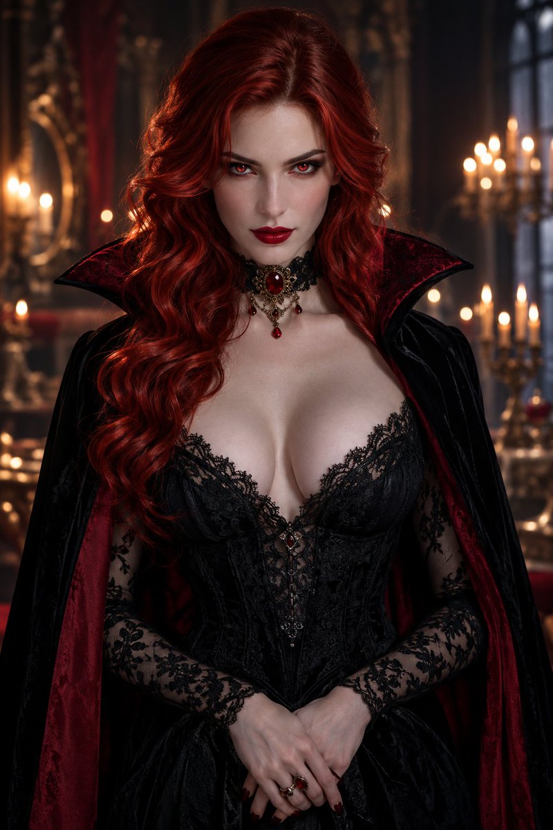 halloween prompt share : Medium portrait of a provocative gothic vampire woman …