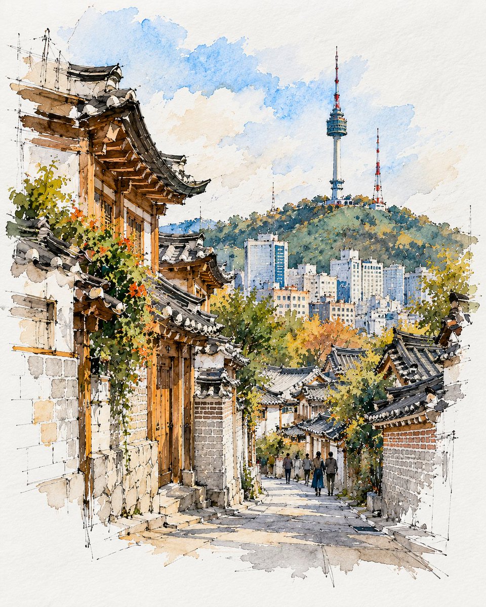 创作一幅高级感的 4:5 竖版旅行写生作品，以[国家 / 城市 / 地点 / 地标]为主题，画在一本小巧的水彩写生本上。, 图片 2