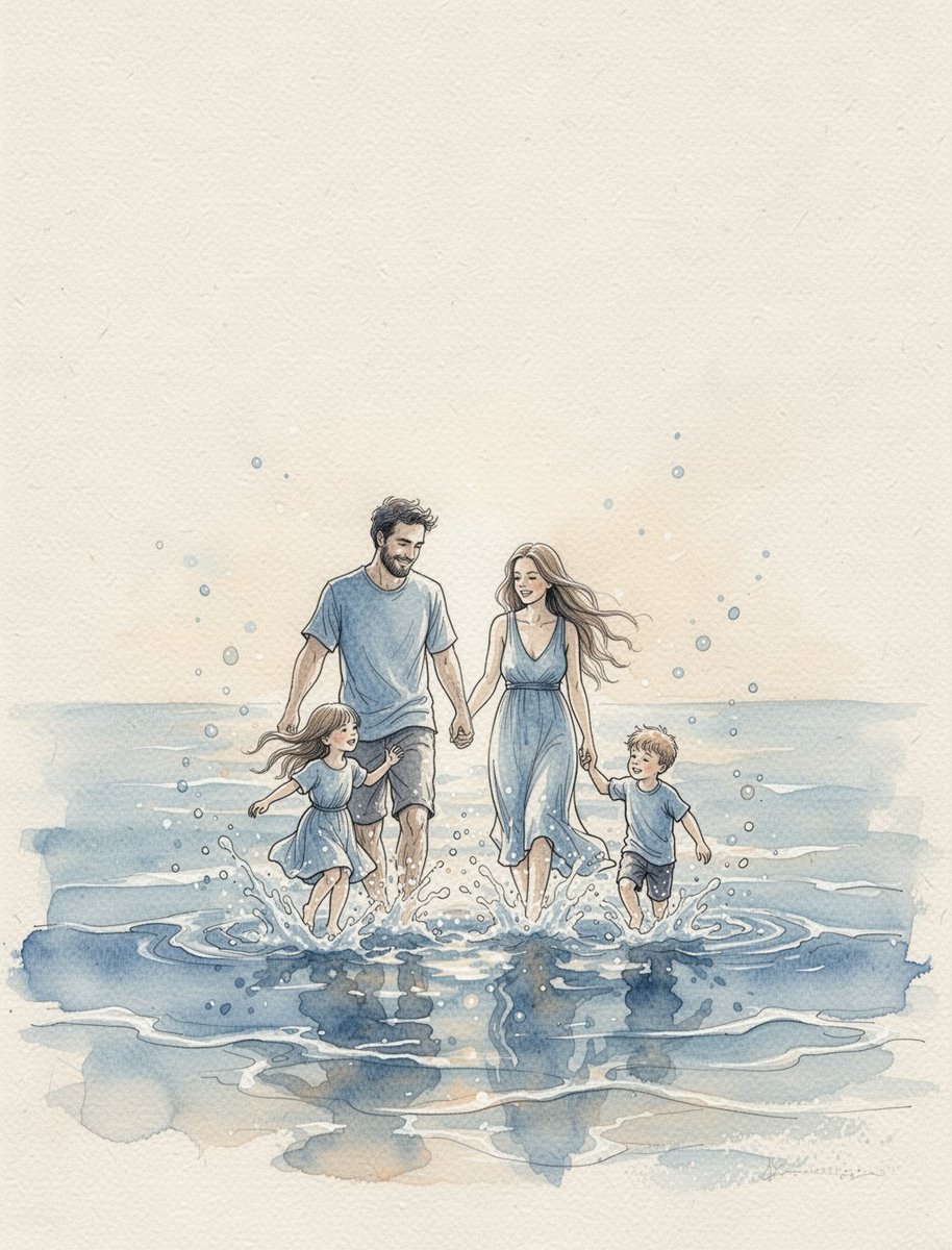 Minimalist watercolor and ink illustration on richly textured handmade watercol…