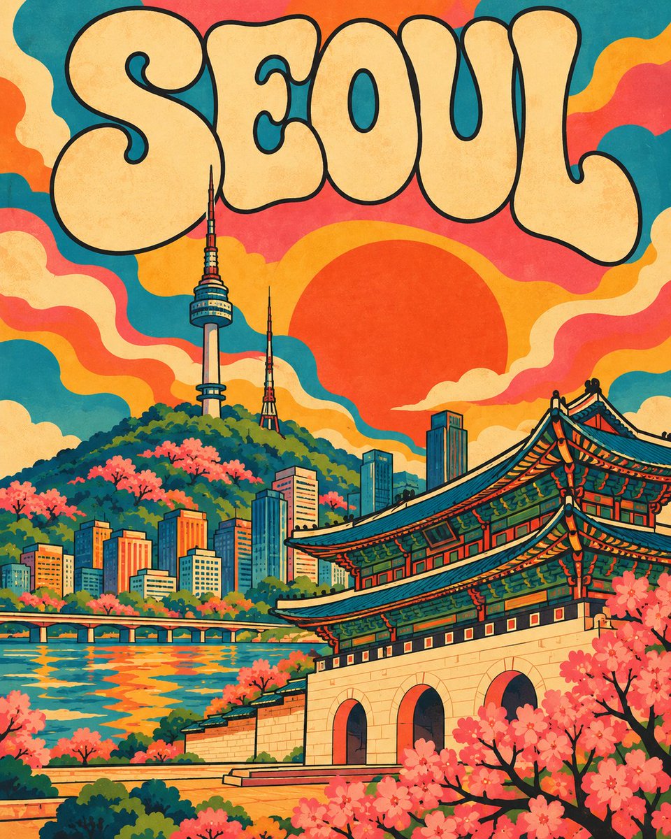 为 [COUNTRY / CITY / LOCATION / LANDMARK] 创作一张高端 4:5 竖版复古迷幻旅行插画。, 图片 2