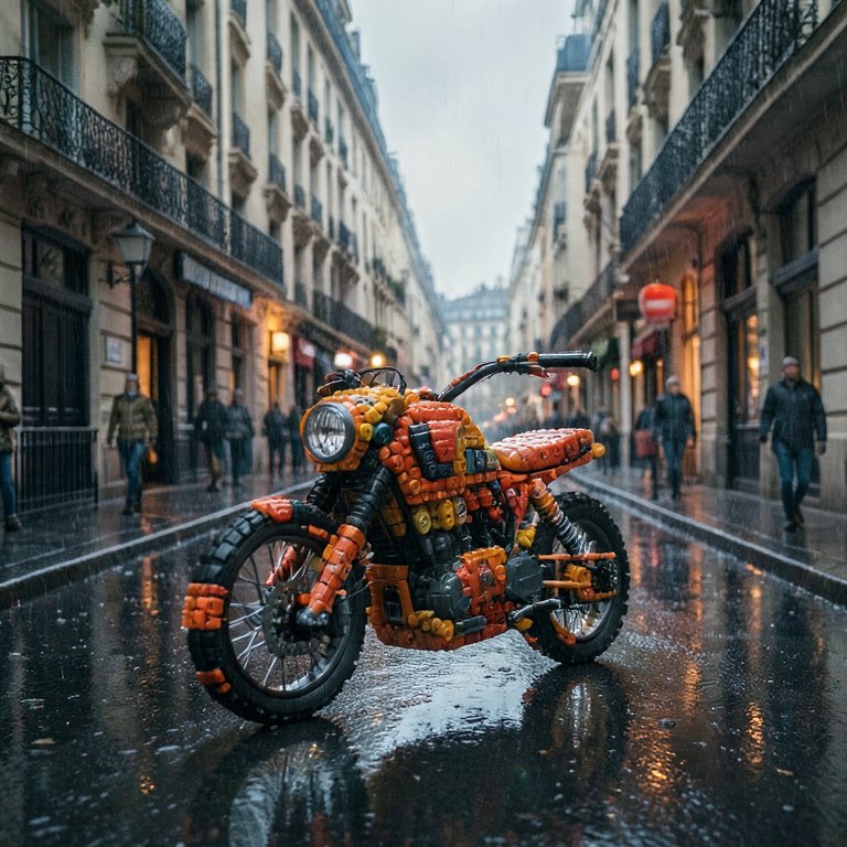 “A motorcycle made of Legos, on a narrow Paris street in the rain. Cinematic, h…