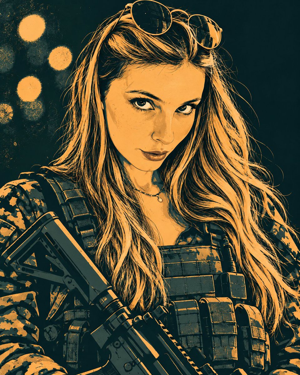 ⤵️ Digital illustration featuring a graphic poster and military comic style, ch…
