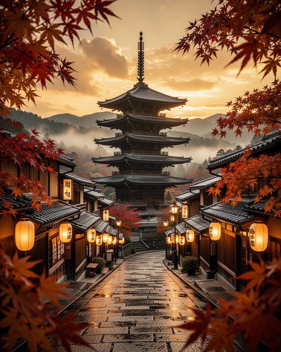 电影感旅行海报照片:金色夕阳下,一座五层木塔矗立于日本古老山城的一条狭窄石街之上,深红与灼橙的秋日枫叶在前景两侧相呼应,木质店铺沿线点亮一盏盏…, 图片 1