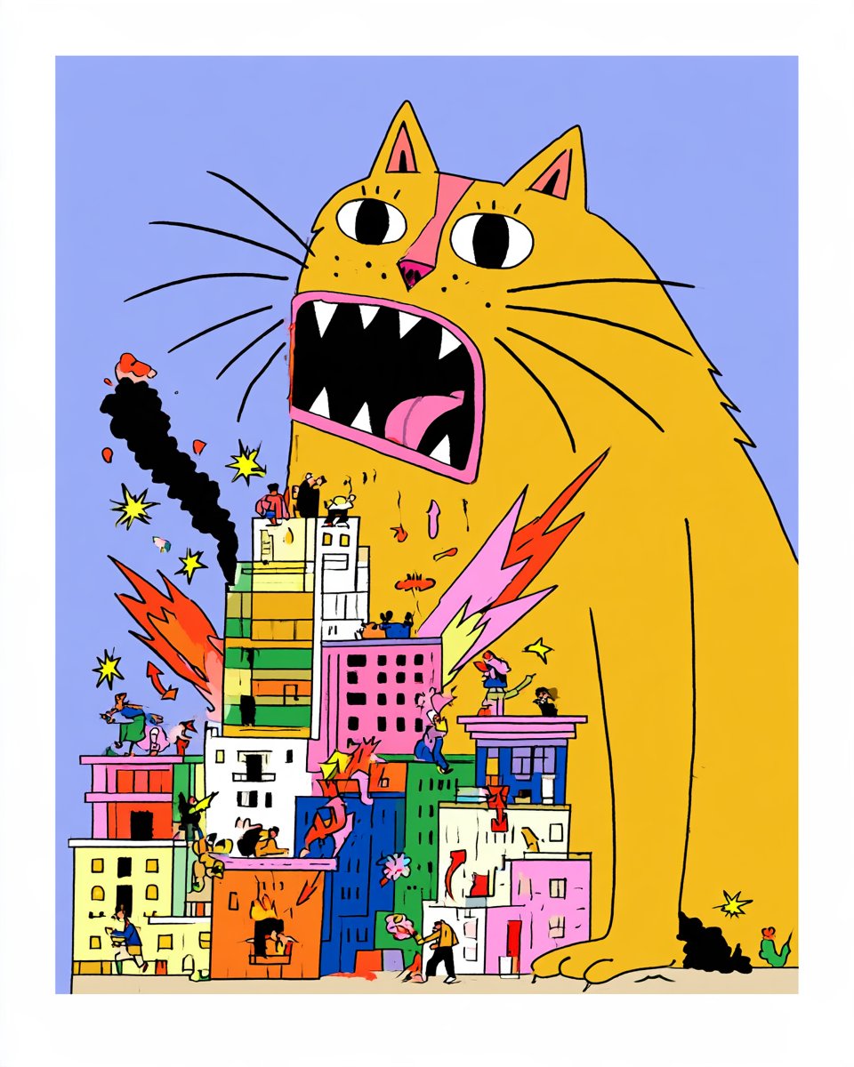 A giant cartoon cat casually destroying a miniature modern city while tiny resi…