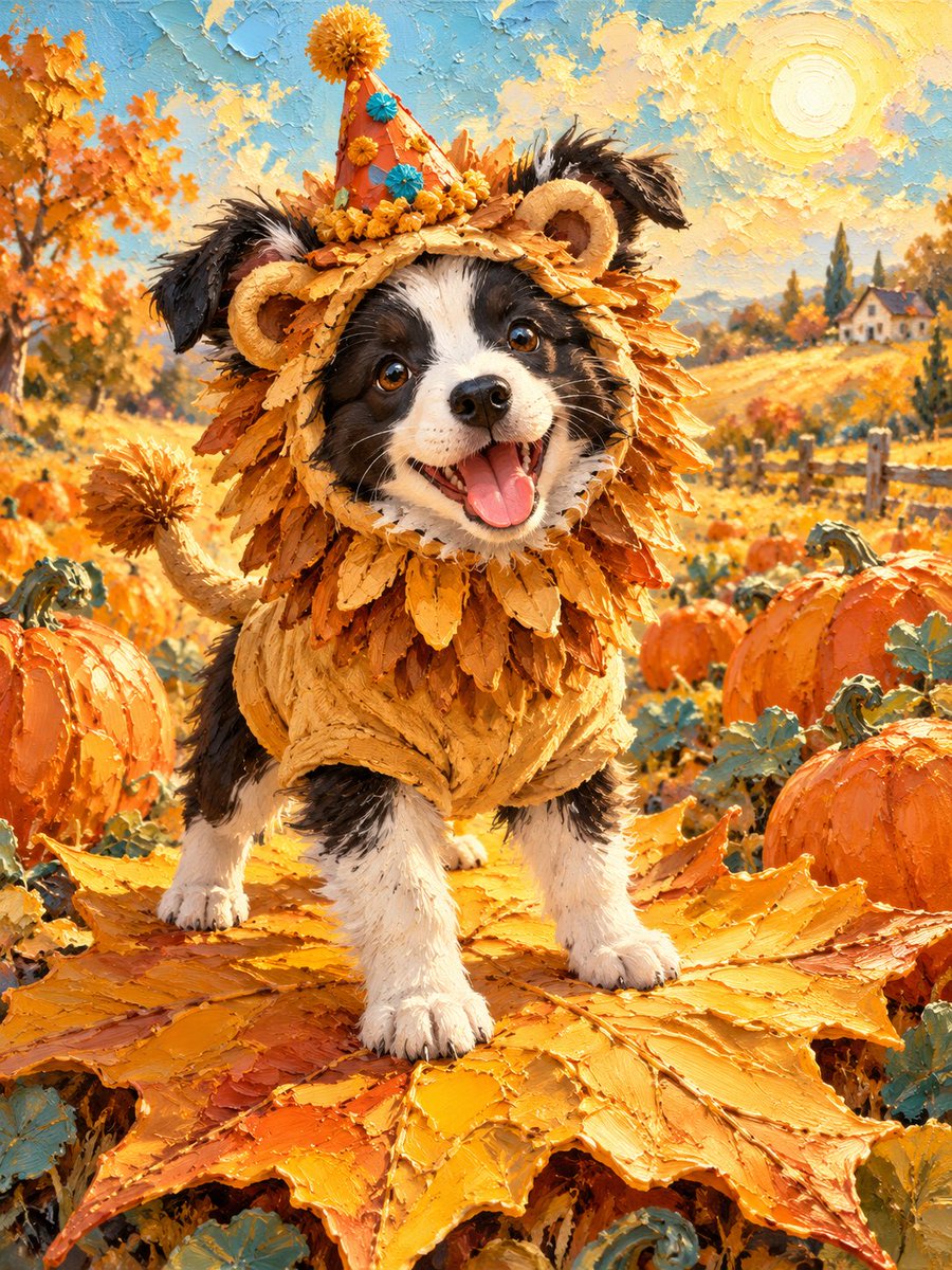 A fluffy border collie puppy in a soft lion costume, its ears peeking beside a …