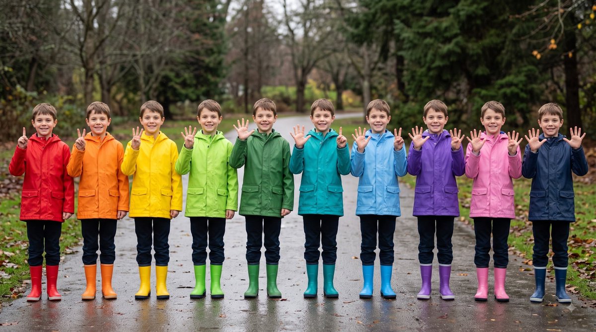 10 identical twins in different colored raincoats, each holding a different num…