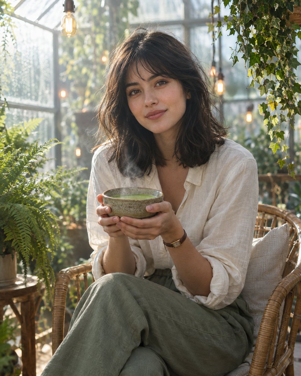 Made with Token360 · GPT Image 2.5 Sunlit greenhouse matcha portrait — ferns, l…