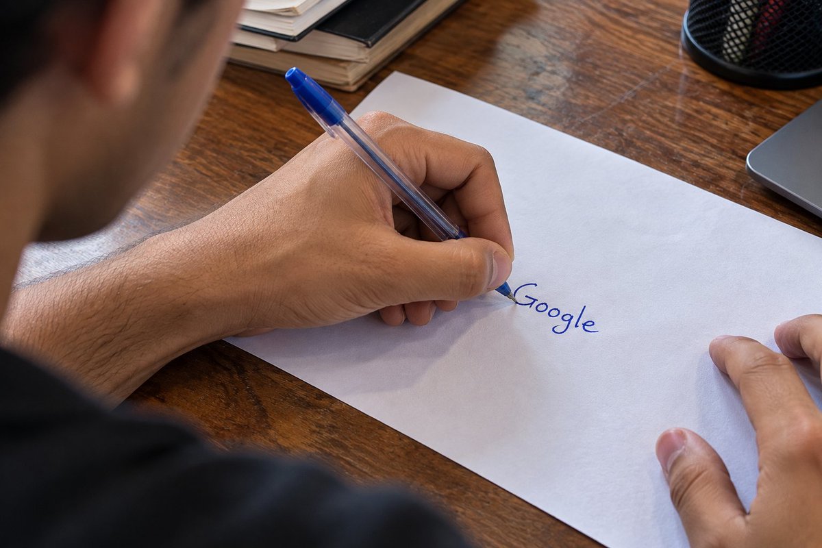 Make me a Image of a Boy Writing "Google" on a Paper with his Left hand with a …