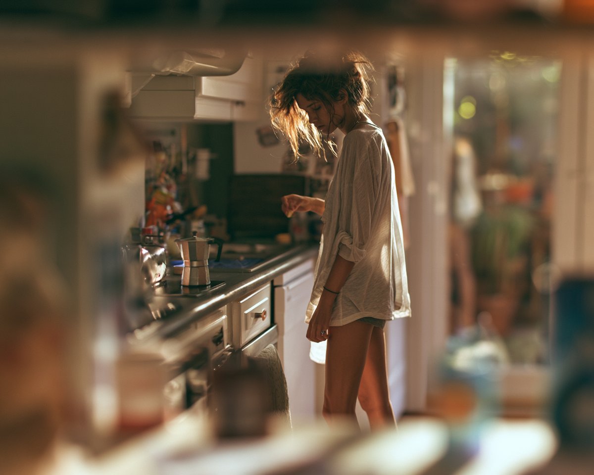 Tilt-shift miniature-effect photograph of a beautiful young adult woman standin…