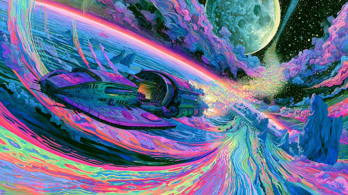 mixed media , exploratory starship entering the atmosphere of an alien ice plan…