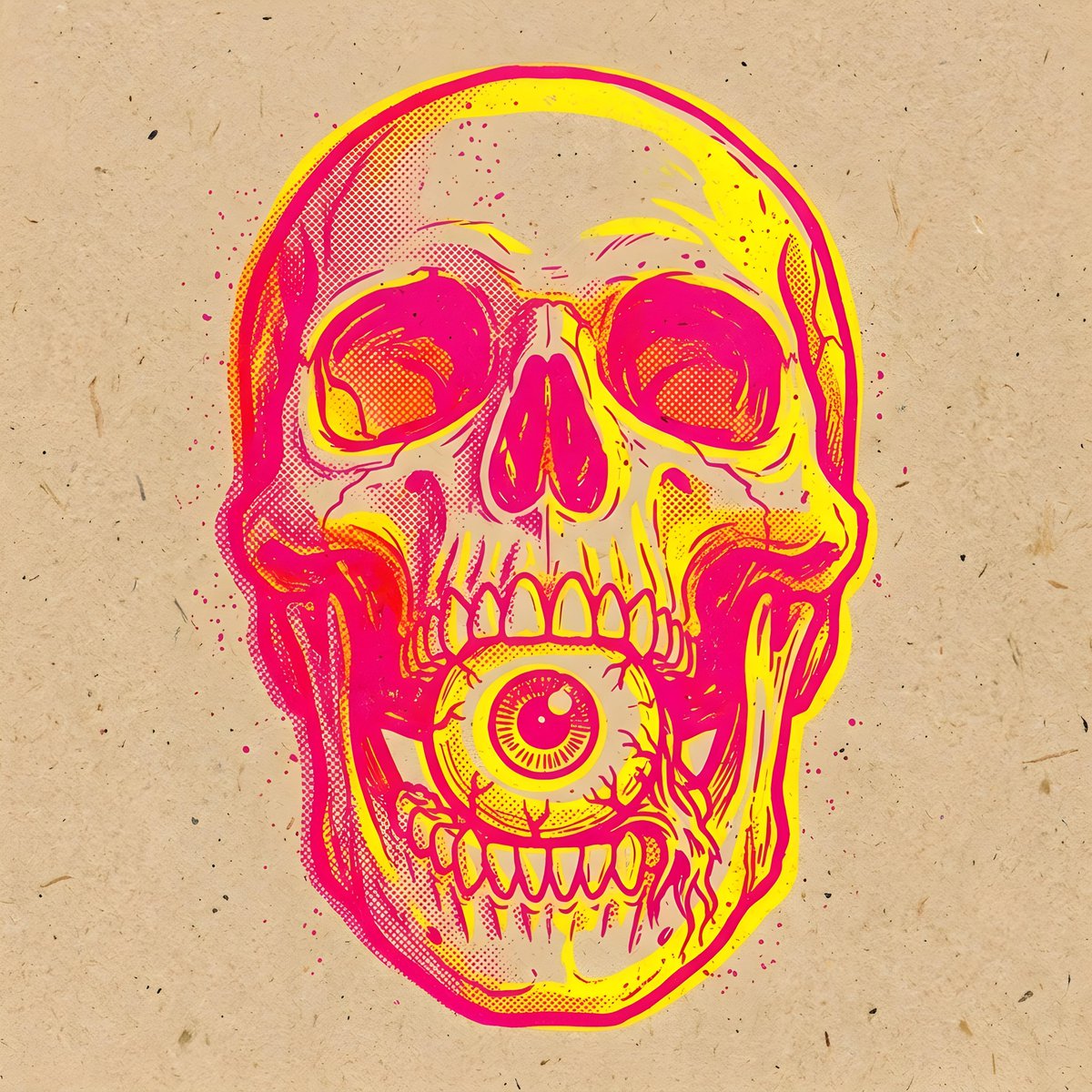 Hot-pink and yellow risograph illustration of a skull holding an eyeball in its…