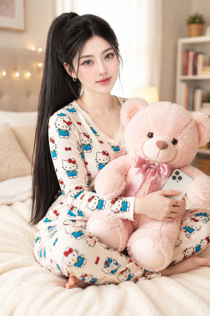 画面中,一位美丽的年轻韩国女性盘腿坐在一间温馨、温暖的卧室里的一张柔软的米色床上。她有着长长的、直顺的、如丝般乌黑亮泽的头发,梳成高马尾,并留…, 图片 1