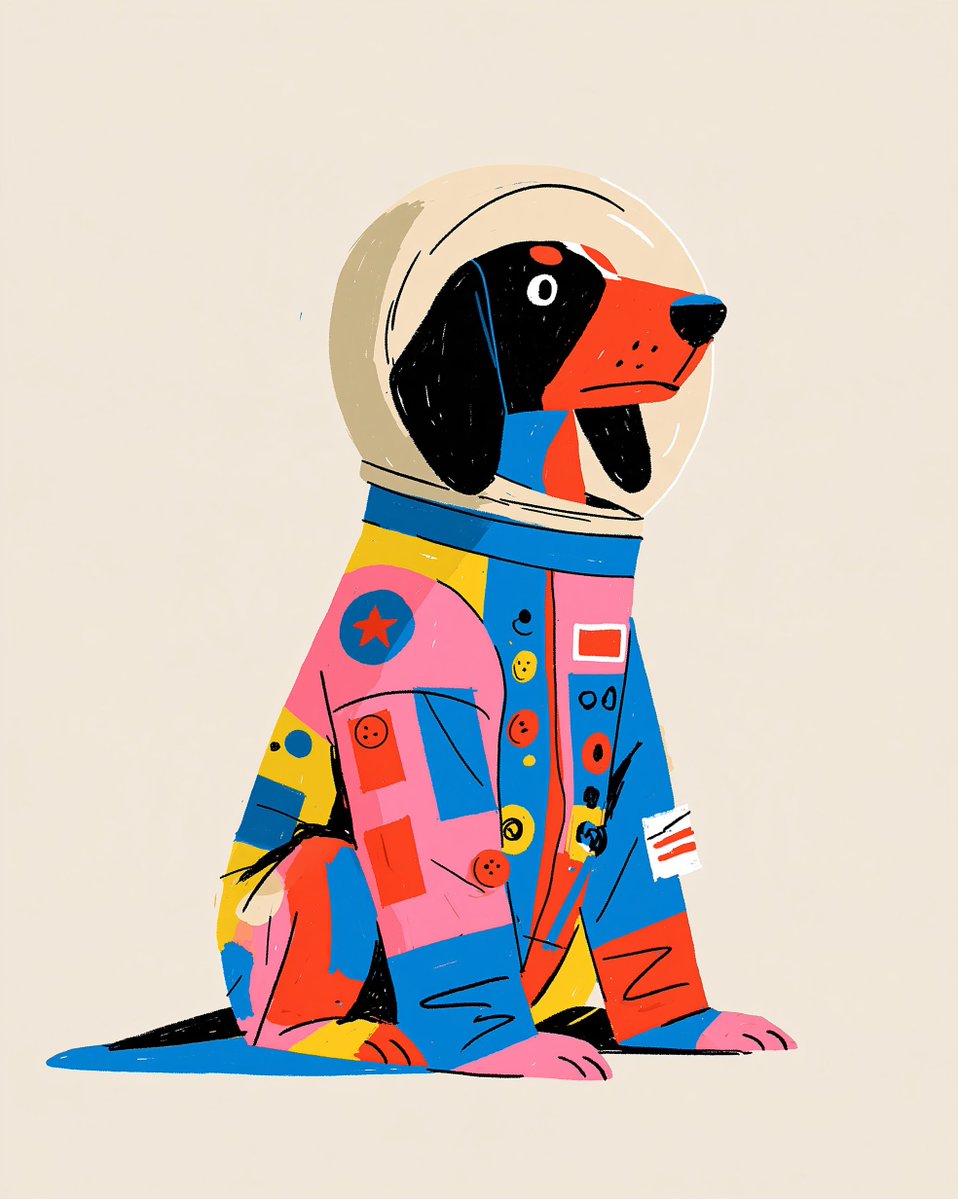 A cartoon dog wearing a colorful astronaut suit sits against a plain background…