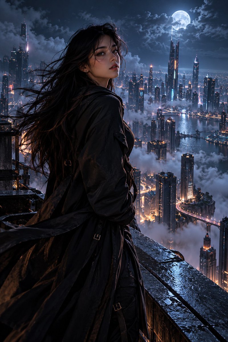 A mysterious young woman standing alone on a windswept rooftop at night, overlo…