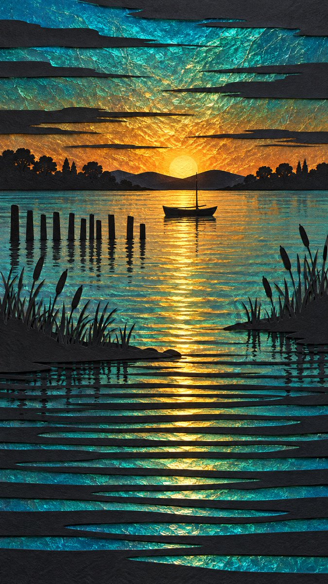 Hand-cut layered paper artwork of a tranquil sunset over still water. Black pap…